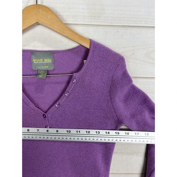 Wicked Wool Sweater Womens XS Purple Extrafine Merino Wool V Neck Henley - Picture 4 of 7